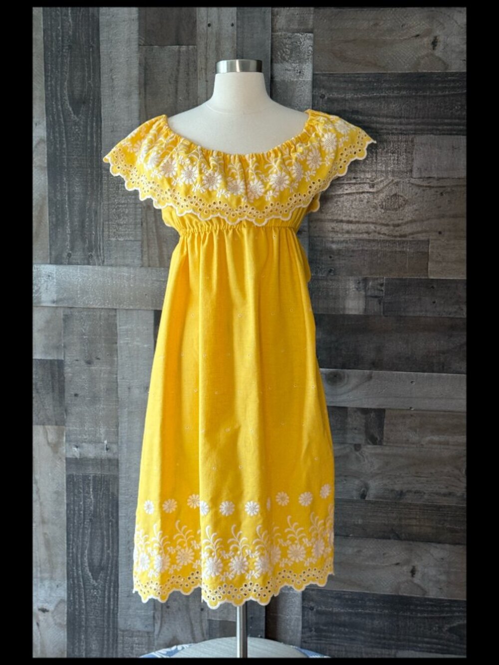 Handmade yellow off the shoulder fiesta dress small embroidered sunflowers party